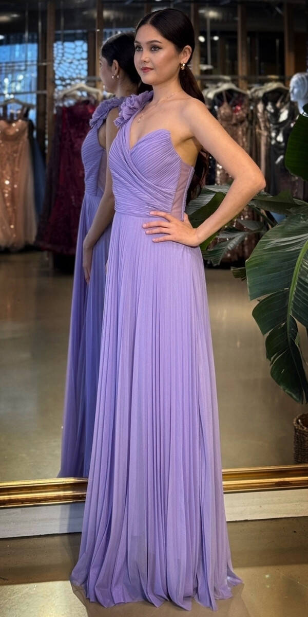 Lila Tek Omuzlu Kloş Etekli Şifon Tül Uzun Abiye Elbise 11081-04 - 2