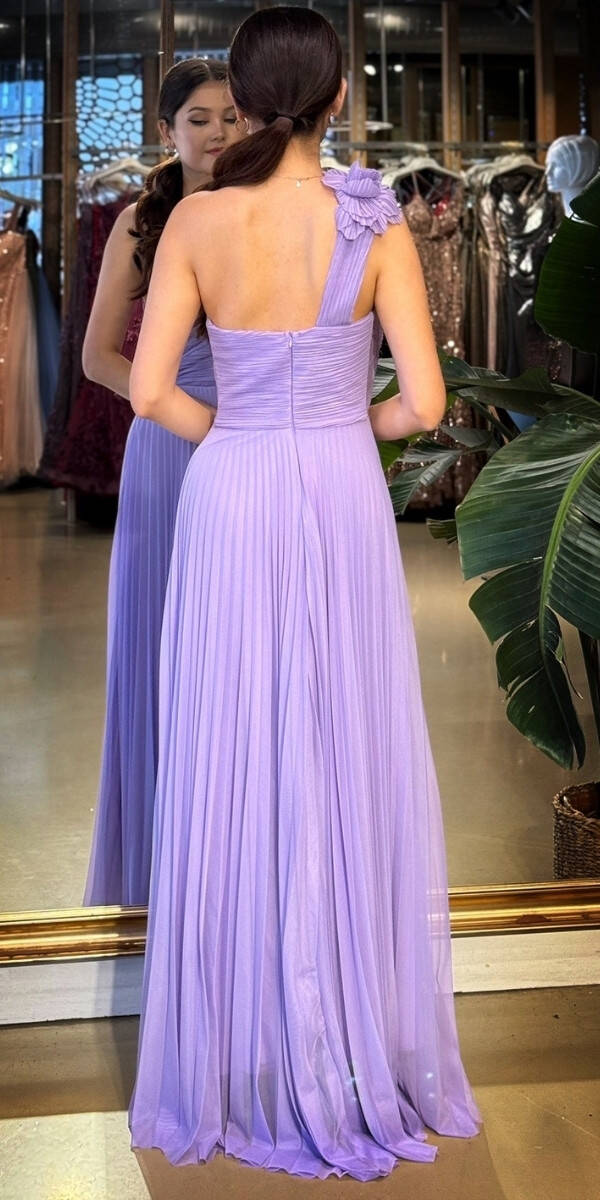 Lila Tek Omuzlu Kloş Etekli Şifon Tül Uzun Abiye Elbise 11081-04 - 5