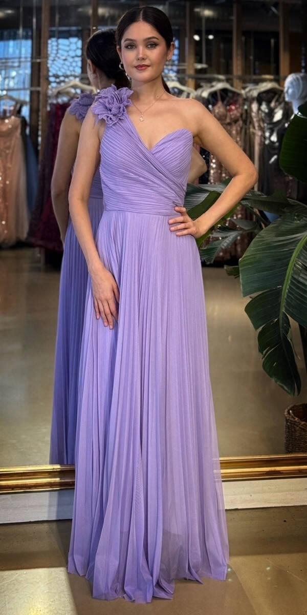 Lila Tek Omuzlu Kloş Etekli Şifon Tül Uzun Abiye Elbise 11081-04 - 1