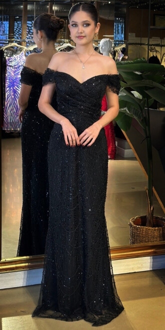 Mat Siyah Sırt Dekolteli Düz Kesim Pullu Boncuklu Uzun Abiye Elbise 11044 - abiyeniall