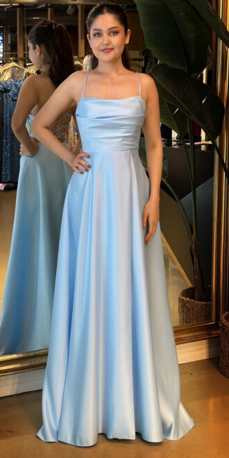 Mavi İp Askılı Sırt Dekolteli Kloş Etekli Saten Uzun Abiye Elbise 7764 - abiyeniall