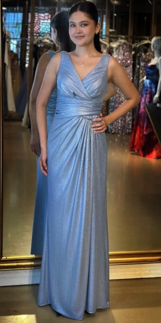 Mavi Kalın Askı V Yaka Anvelop Yırtmaçlı Düz Kesim Simli Uzun Abiye Elbise 11074 - abiyeniall