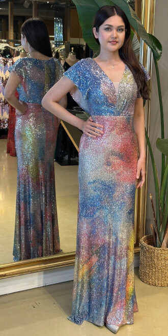 Mavi Kısa Kollu Uzun Abiye Elbise 95034 - abiyeniall