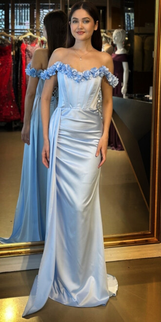 Mavi Madonna Yaka Çiçek Detaylı Sırt Dekolteli Düz Kesim Saten Uzun Abiye Elbise 11065 - abiyeniall