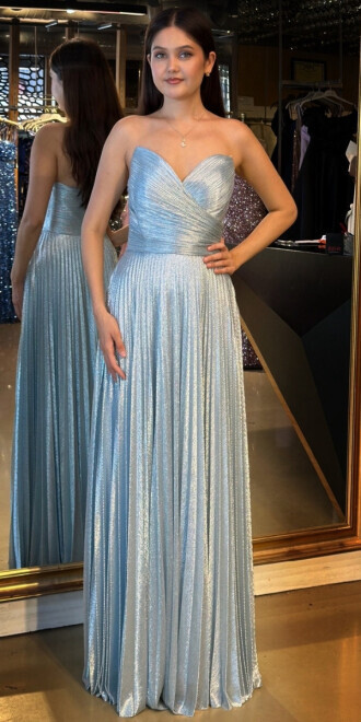 Mavi Straplez Yaka Kloş Etekli Jakarlı Uzun Abiye Elbise 11080 - abiyeniall