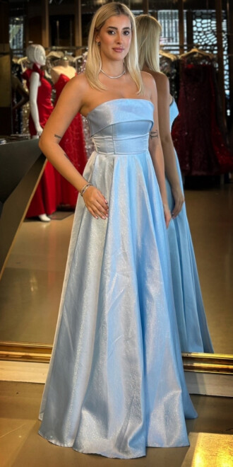 Mavi Straplez Yaka Kloş Etekli Saten Uzun Abiye Elbise 11043 - abiyeniall