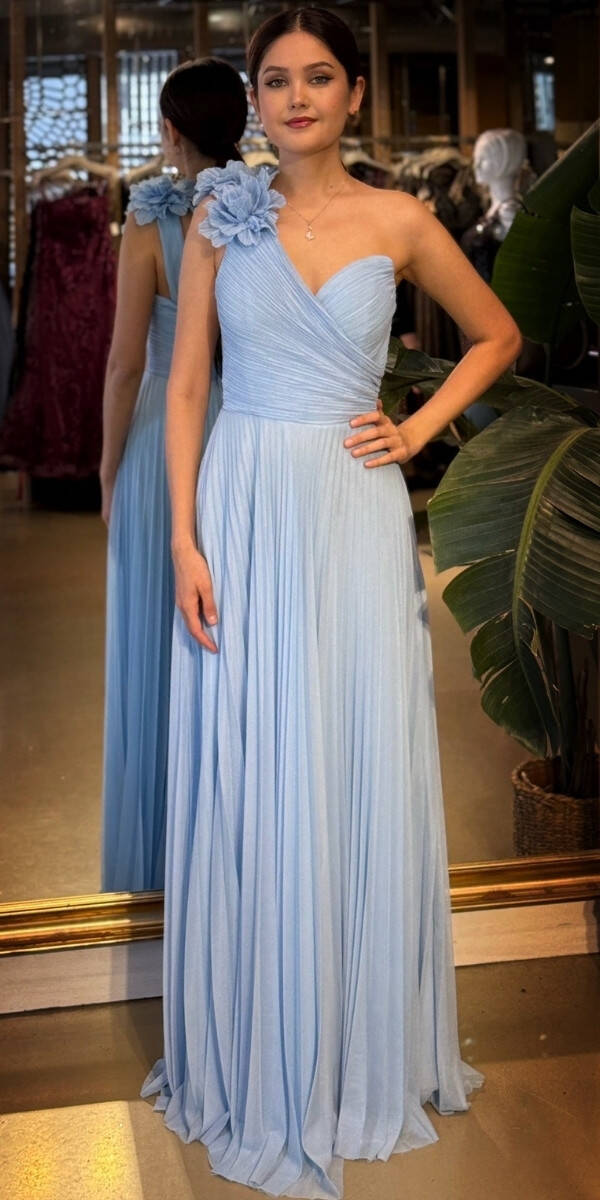 Mavi Tek Omuzlu Kloş Etekli Şifon Tül Uzun Abiye Elbise 11081-02 - 1