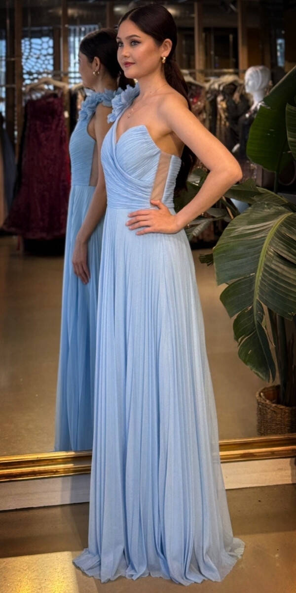 Mavi Tek Omuzlu Kloş Etekli Şifon Tül Uzun Abiye Elbise 11081-02 - 2