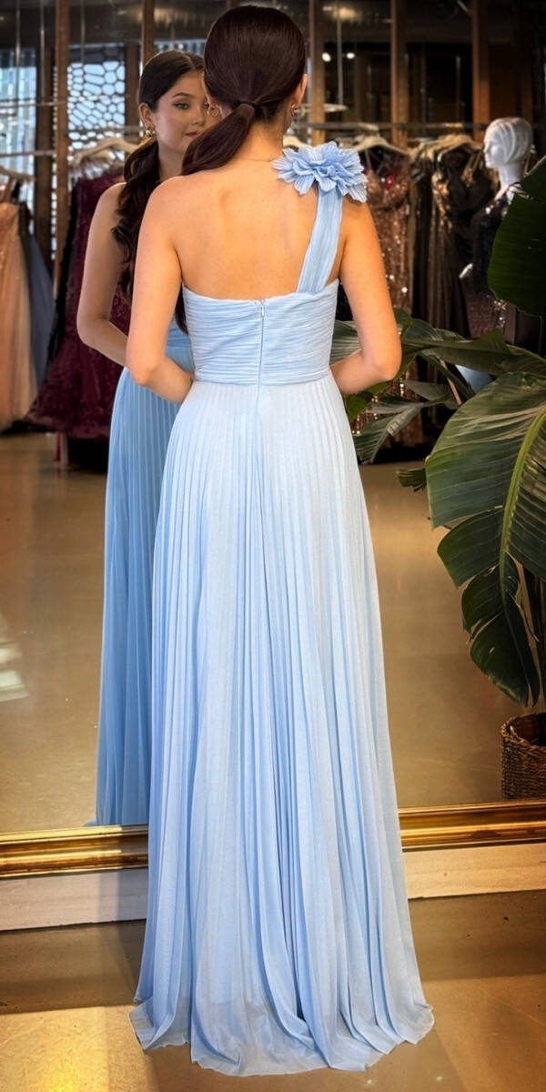 Mavi Tek Omuzlu Kloş Etekli Şifon Tül Uzun Abiye Elbise 11081-02 - 5