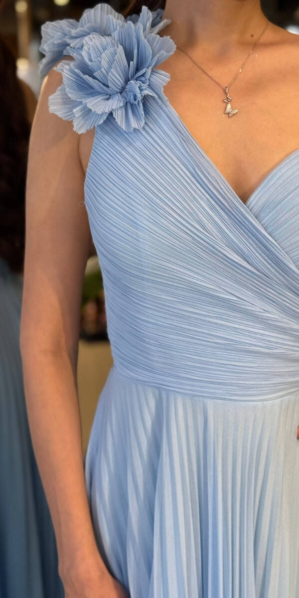 Mavi Tek Omuzlu Kloş Etekli Şifon Tül Uzun Abiye Elbise 11081-02 - 4