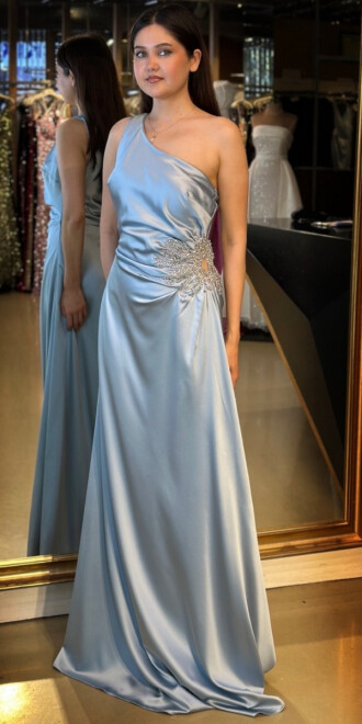 Mavi Tek Omuzlu Taş Detaylı Düz Kesim Saten Uzun Abiye Elbise 7684 - abiyeniall