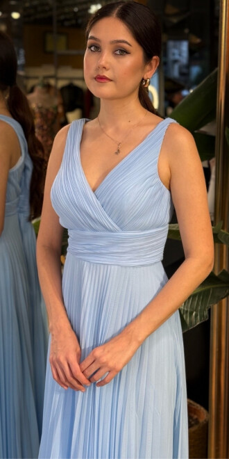 Mavi V Yaka Kalın Askı Kloş Etekli Şifon Uzun Abiye Elbise 11098-02 - 3