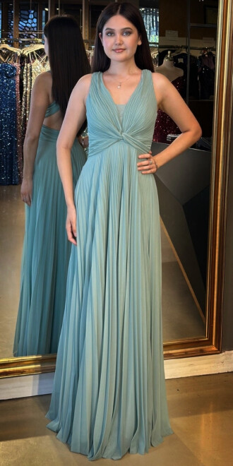 Mint Kalın Askı Sırt Dekolteli Kloş Etekli Şifon Tül Uzun Abiye Elbise 7645 - abiyeniall