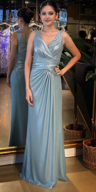 Mint Kalın Askı V Yaka Anvelop Yırtmaçlı Düz Kesim Simli Uzun Abiye Elbise 11074 - abiyeniall