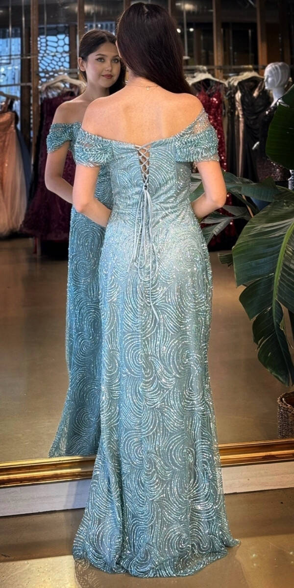 Mint Madonna Yaka Sırt Dekolteli Düz Kesim Simli Uzun Abiye Elbise 11113-01 - 5