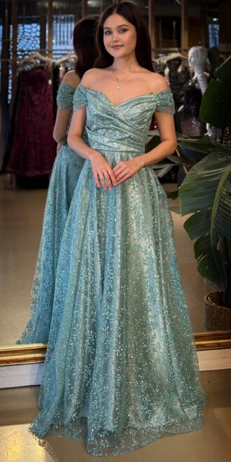 Mint Madonna Yaka Sırt Dekolteli Kloş Etekli Simli Uzun Abiye Elbise 11066-04 - abiyeniall