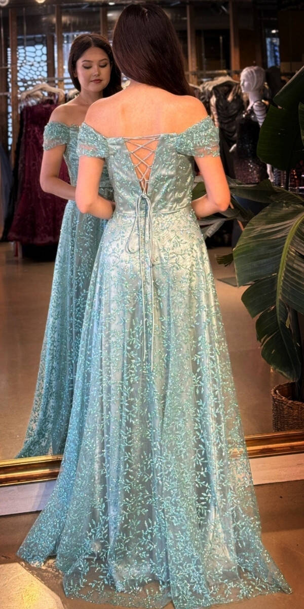 Mint Madonna Yaka Sırt Dekolteli Kloş Etekli Simli Uzun Abiye Elbise 11066-04 - 5