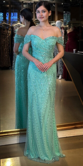 Mint Sırt Dekolteli Düz Kesim Pullu Boncuklu Uzun Abiye Elbise 11044 - abiyeniall