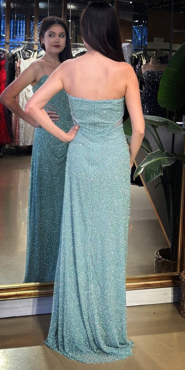 Mint Straplez Yaka Bel Dekolteli Düz Kesim Taşlı Uzun Abiye Elbise 11156-02 - 5