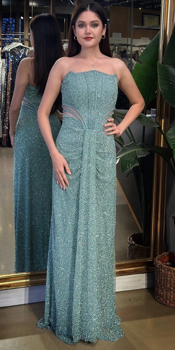 Mint Straplez Yaka Bel Dekolteli Düz Kesim Taşlı Uzun Abiye Elbise 11156-02 - 1