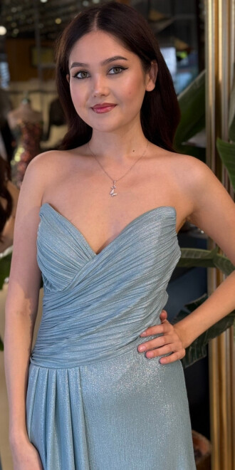 Mint Straplez Yaka Göğüs Dekolteli Düz Kesim Likralı Parlak Kumaş Uzun Abiye Elbise 11083-05 - 3