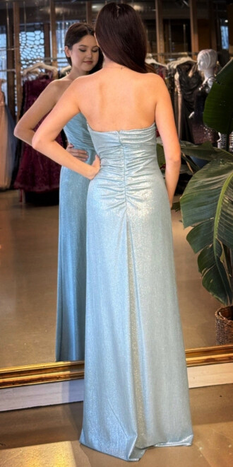 Mint Straplez Yaka Göğüs Dekolteli Düz Kesim Likralı Parlak Kumaş Uzun Abiye Elbise 11083-05 - 5