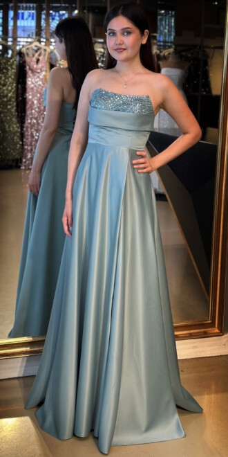 Mint Taş Detaylı Sırt Dekolteli Yırtmaçlı Kloş Etekli Saten Uzun Abiye Elbise 7733 - abiyeniall