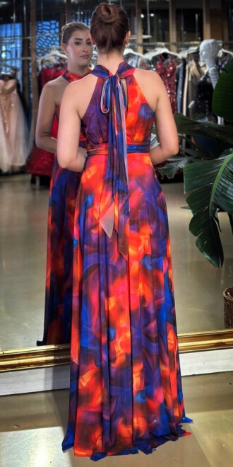 Nar Kırmızı Rengi Halter Yaka Kloş Etekli Desenli Uzun Abiye Elbise 7611 - 4