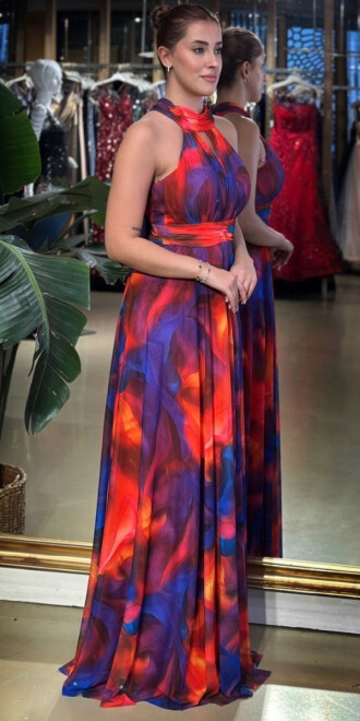 Nar Kırmızı Rengi Halter Yaka Kloş Etekli Desenli Uzun Abiye Elbise 7611 - 2