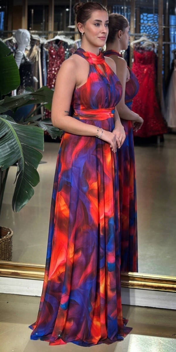 Nar Kırmızı Rengi Halter Yaka Kloş Etekli Desenli Uzun Abiye Elbise 7611 - 2