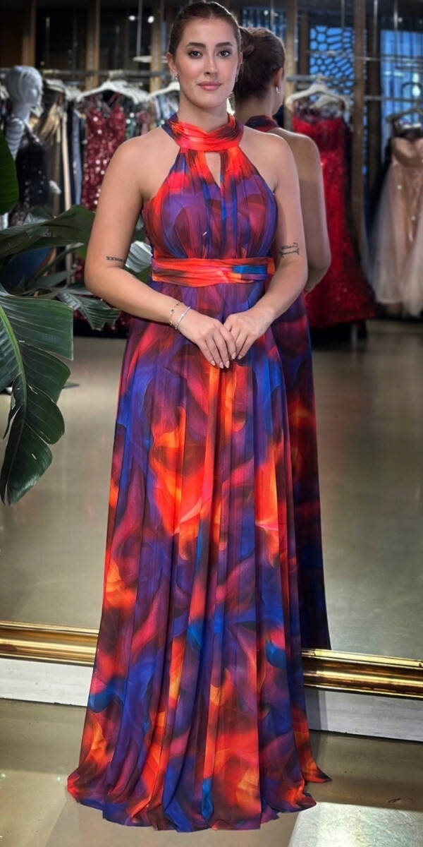 Nar Kırmızı Rengi Halter Yaka Kloş Etekli Desenli Uzun Abiye Elbise 7611 - 1