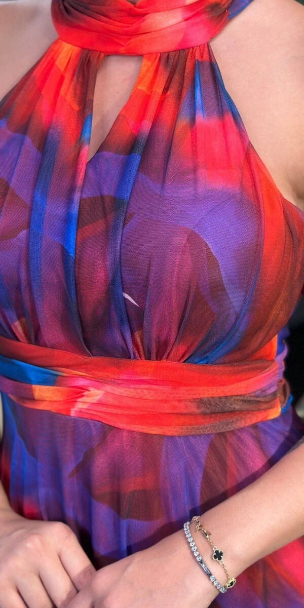 Nar Kırmızı Rengi Halter Yaka Kloş Etekli Desenli Uzun Abiye Elbise 7611 - 3