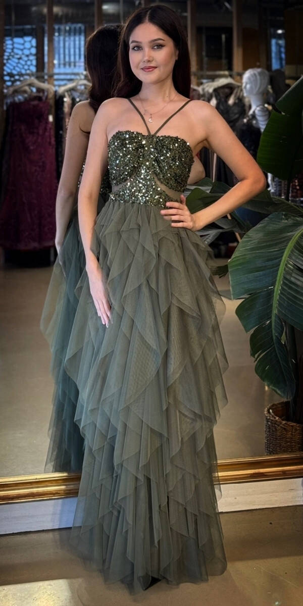 Olive İp Askılı Bel Dekolteli Kloş Etekli Likralı Tül Uzun Abiye Elbise 11048-04 - 1