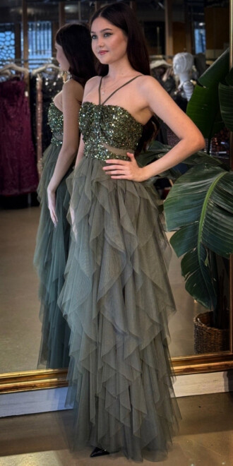 Olive İp Askılı Bel Dekolteli Kloş Etekli Likralı Tül Uzun Abiye Elbise 11048-04 - 2