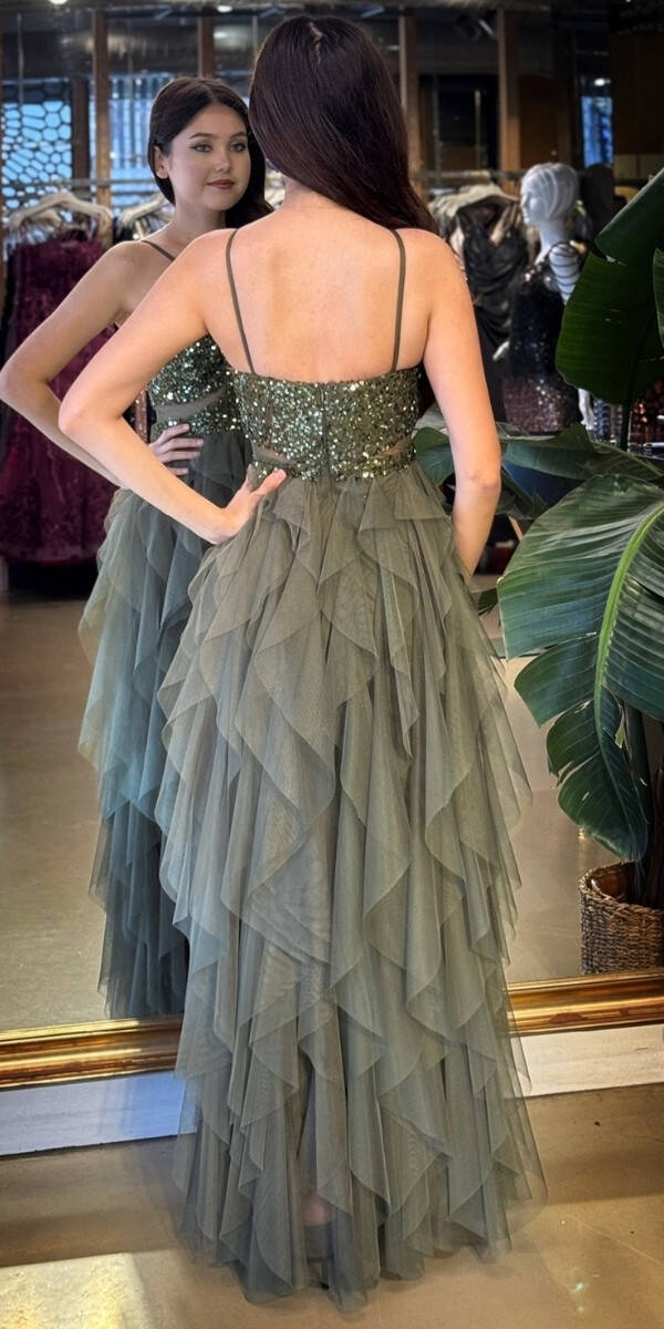 Olive İp Askılı Bel Dekolteli Kloş Etekli Likralı Tül Uzun Abiye Elbise 11048-04 - 5