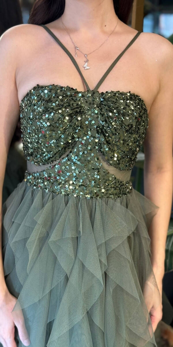 Olive İp Askılı Bel Dekolteli Kloş Etekli Likralı Tül Uzun Abiye Elbise 11048-04 - 4