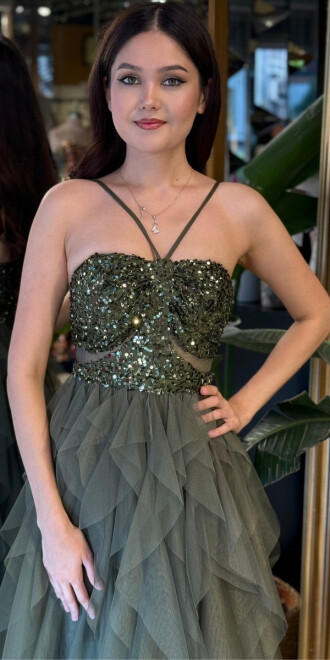 Olive İp Askılı Bel Dekolteli Kloş Etekli Likralı Tül Uzun Abiye Elbise 11048-04 - 3