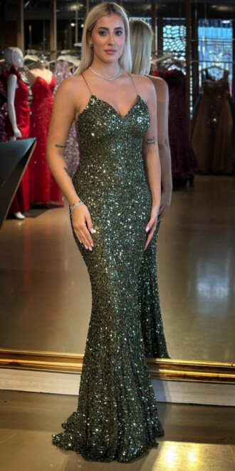 Olive İp Askılı V Yaka Sırt Dekolteli Balık Etekli Pul Payet Uzun Abiye Elbise 7714 - abiyeniall