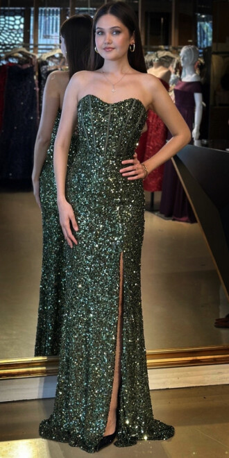 Olive Straplez Yaka Sırt Dekolteli Yırtmaçlı Düz Kesim Payet Uzun Abiye Elbise 11093 - abiyeniall