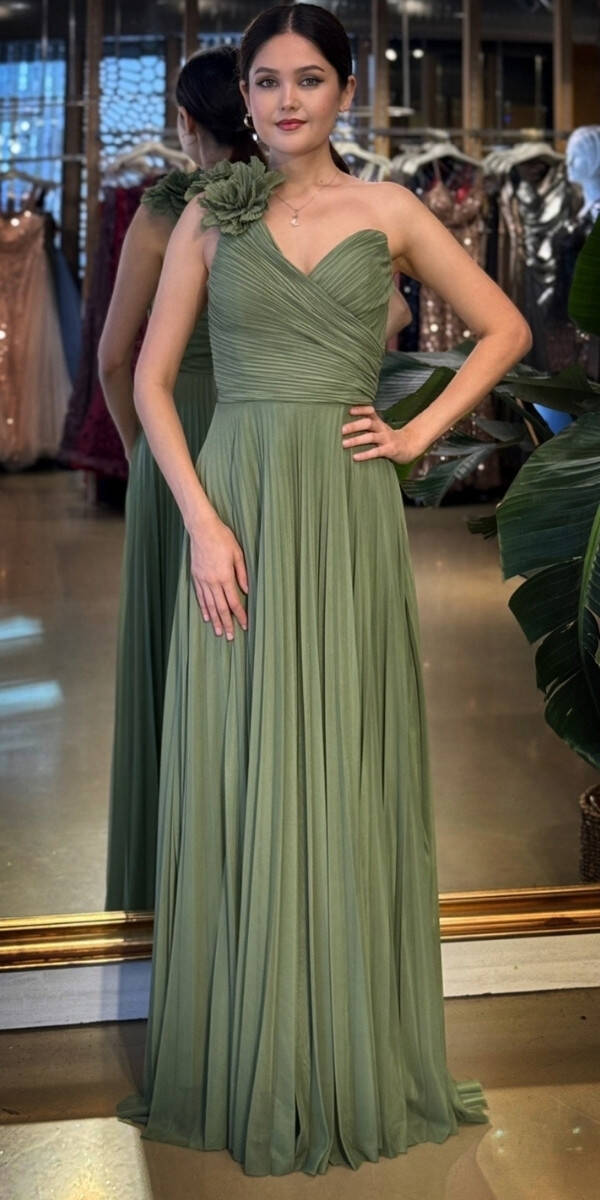 Olive Tek Omuzlu Kloş Etekli Şifon Tül Uzun Abiye Elbise 11081-06 - 1
