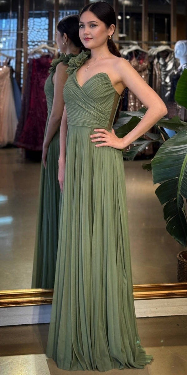 Olive Tek Omuzlu Kloş Etekli Şifon Tül Uzun Abiye Elbise 11081-06 - 2