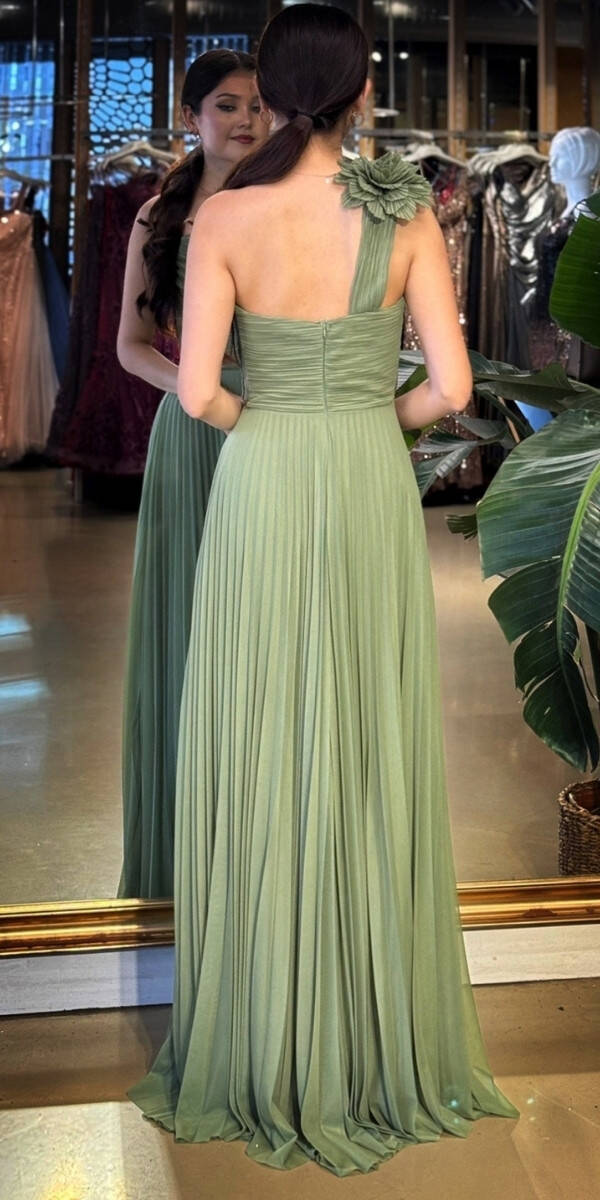 Olive Tek Omuzlu Kloş Etekli Şifon Tül Uzun Abiye Elbise 11081-06 - 5