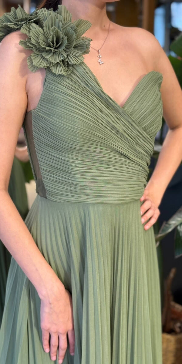 Olive Tek Omuzlu Kloş Etekli Şifon Tül Uzun Abiye Elbise 11081-06 - 4