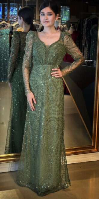 Olive Uzun Kollu V Yaka Düz Kesim Pullu Boncuklu Uzun Abiye Elbise 11039 - abiyeniall