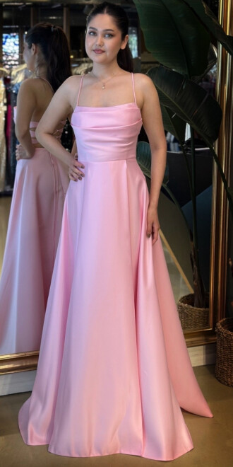 Pembe İp Askılı Sırt Dekolteli Kloş Etekli Saten Uzun Abiye Elbise 7764 - abiyeniall