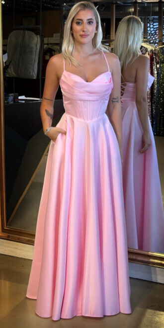 Pembe İp Askılı Sırt Dekolteli Kloş Etekli Saten Uzun Abiye Elbise 7783 - abiyeniall