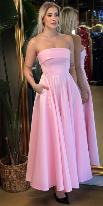 Pembe Kloş Etekli Saten Midi Abiye Elbise 7647 - 1
