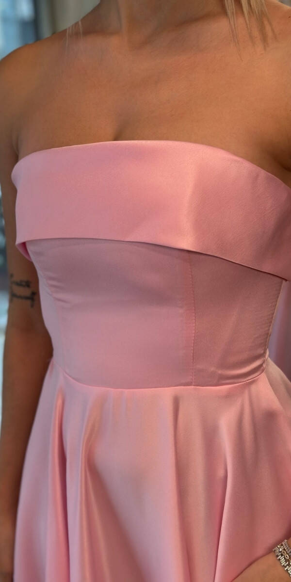 Pembe Kloş Etekli Saten Midi Abiye Elbise 7647 - 4