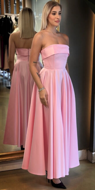 Pembe Kloş Etekli Saten Midi Abiye Elbise 7647 - 3