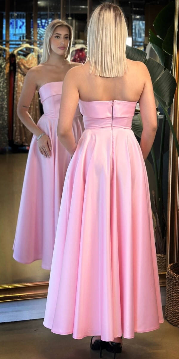 Pembe Kloş Etekli Saten Midi Abiye Elbise 7647 - 5